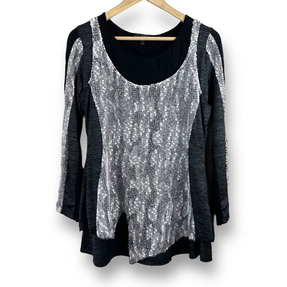 Picadilly Fashions Women's Size XS Long Sleeve Layered Knit‎ Sweater Black Gray